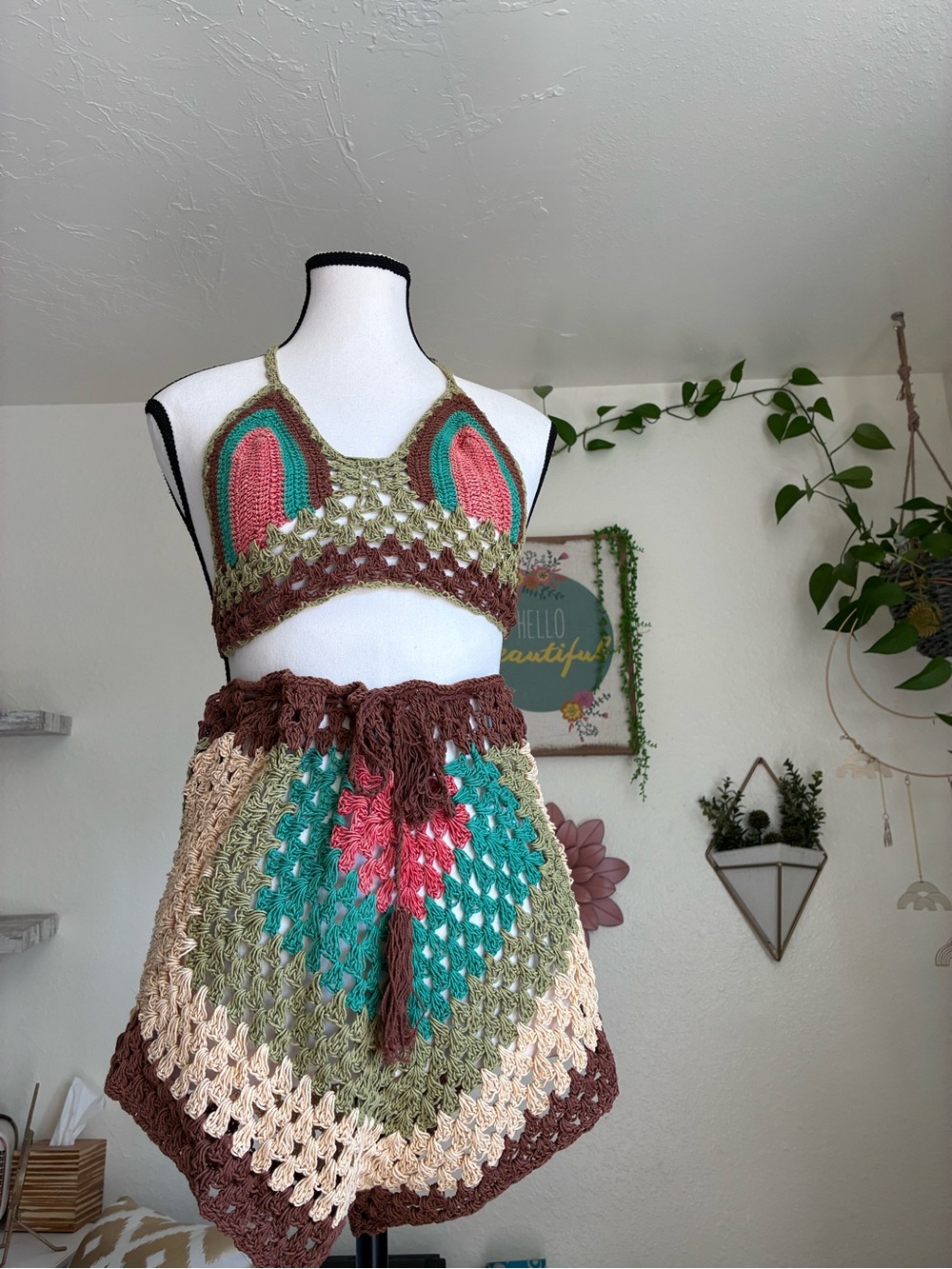 Crochet Two-Piece Halter Top and shorts Set - Brown, Green, Red